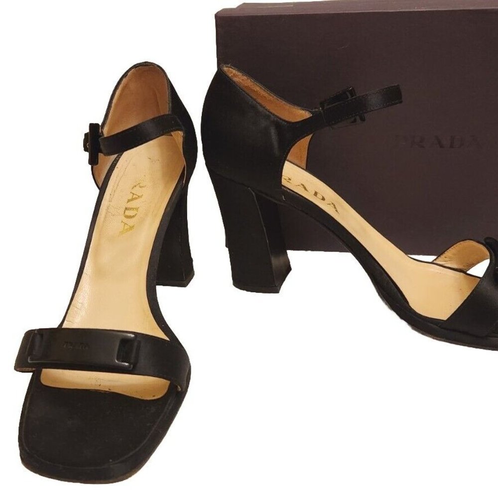 Prada Black Evening High Heel Logo Sandals sz 40